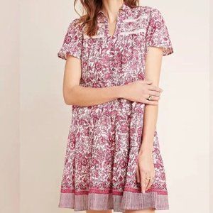 Anthropologie Georgina Tiered Boho Floral Short Sleeve Mini Dress in Red